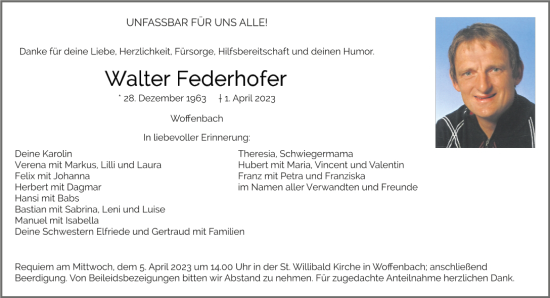 Traueranzeigen Von Walter Federhofer Mittelbayerische Trauer