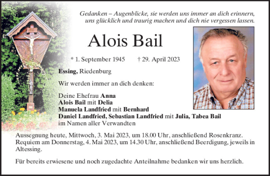 Traueranzeigen Von Alois Bail Mittelbayerische Trauer