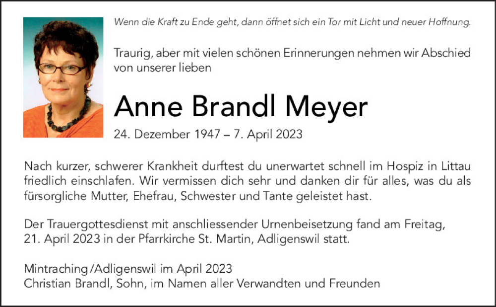 Traueranzeigen Von Anne Brandl Meyer Mittelbayerische Trauer