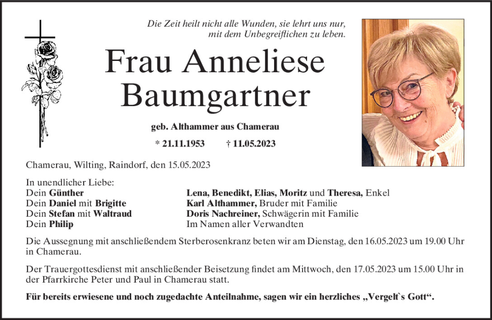 Traueranzeigen Von Anneliese Baumgartner Mittelbayerische Trauer