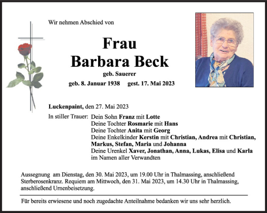 Traueranzeigen Von Barbara Beck Mittelbayerische Trauer