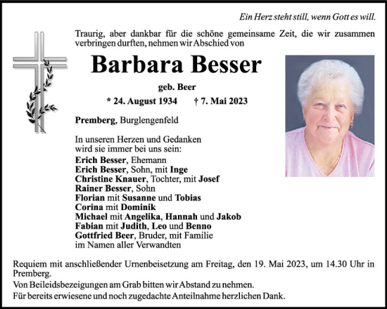 Traueranzeigen Von Barbara Besser Mittelbayerische Trauer