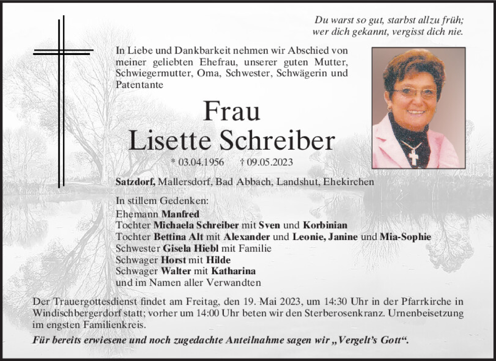 Traueranzeigen Von Lisette Schreiber Mittelbayerische Trauer