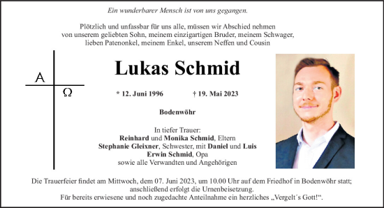 Traueranzeigen Von Lukas Schmid Mittelbayerische Trauer