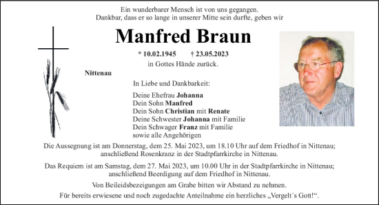 Traueranzeigen Von Manfred Braun Mittelbayerische Trauer