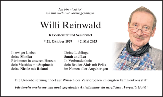 Traueranzeigen Von Willi Reinwald Mittelbayerische Trauer