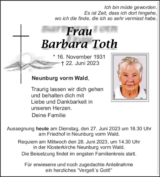 Traueranzeigen Von Barbara Toth Mittelbayerische Trauer