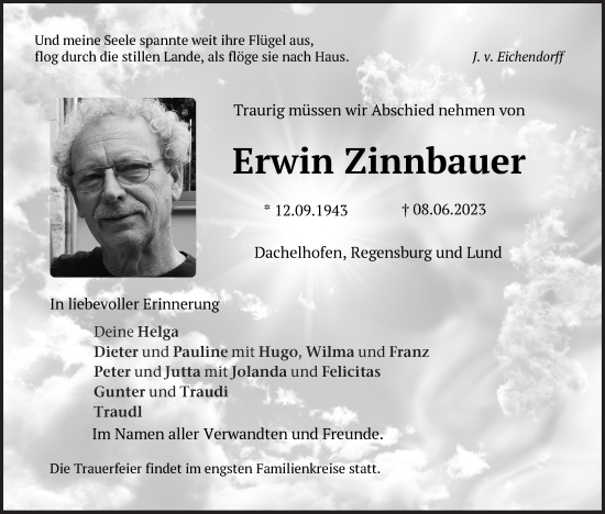 Traueranzeigen Von Erwin Zinnbauer Mittelbayerische Trauer