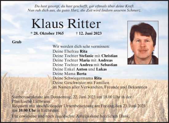 Traueranzeigen Von Klaus Ritter Mittelbayerische Trauer