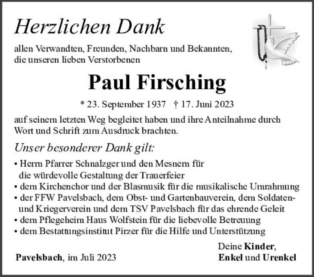 Traueranzeigen Von Paul Firsching Mittelbayerische Trauer