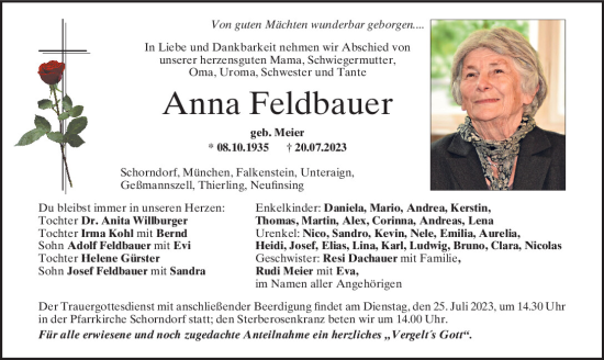 Traueranzeigen Von Anna Feldbauer Mittelbayerische Trauer