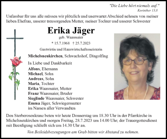 Traueranzeigen von Erika Jäger Mittelbayerische Trauer