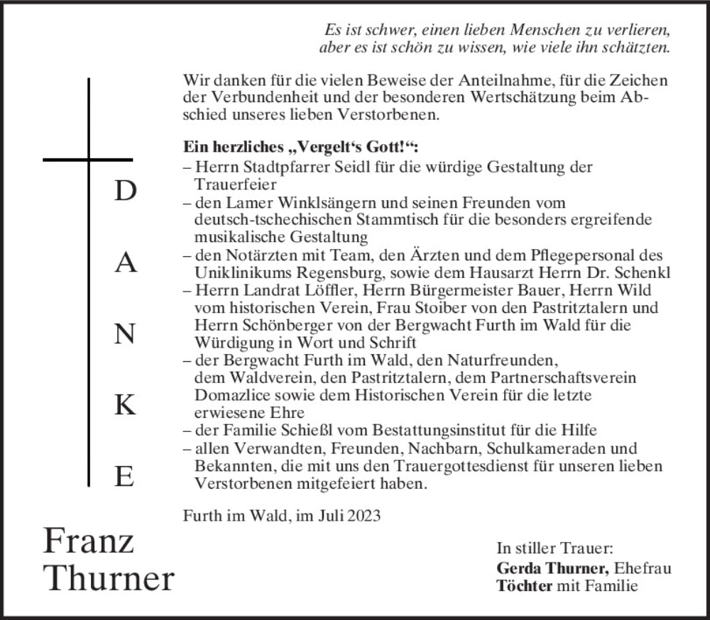 Traueranzeigen Von Franz Thurner Mittelbayerische Trauer