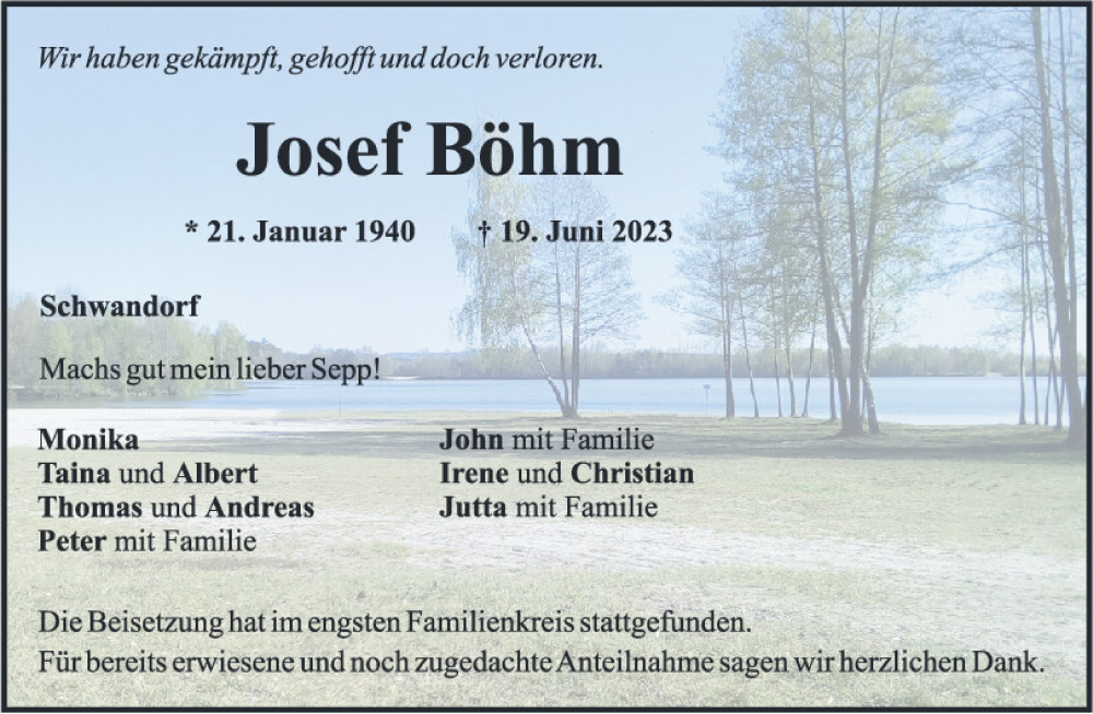 Traueranzeigen von Josef Böhm Mittelbayerische Trauer