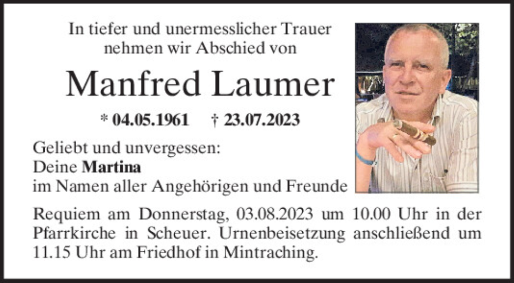 Traueranzeigen Von Manfred Laumer Mittelbayerische Trauer