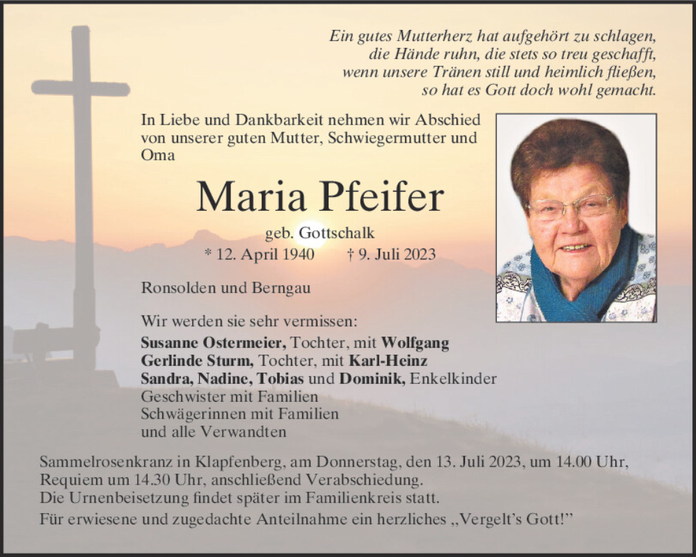 Traueranzeigen Von Maria Pfeifer Mittelbayerische Trauer