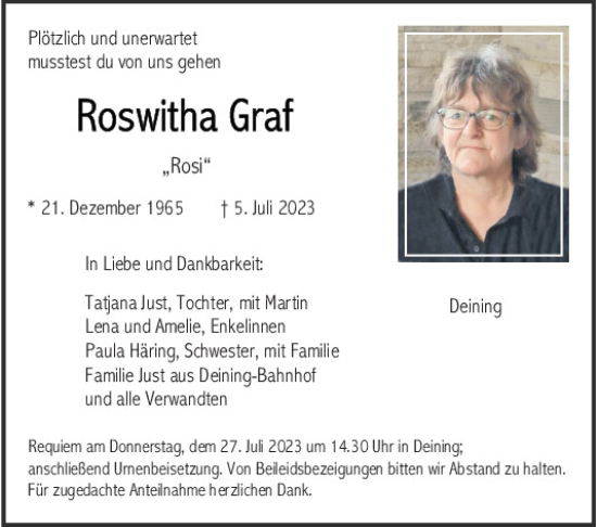 Traueranzeigen Von Roswitha Graf Mittelbayerische Trauer