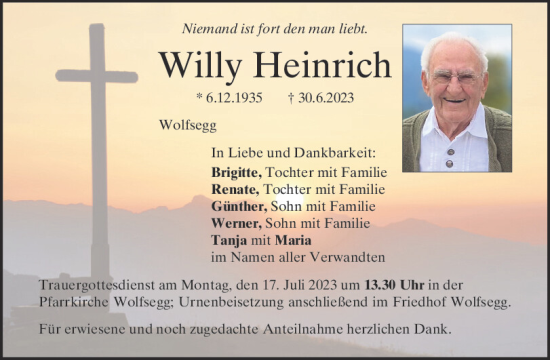 Traueranzeigen Von Willy Heinrich Mittelbayerische Trauer