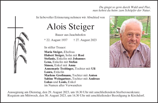 Traueranzeigen Von Alois Steiger Mittelbayerische Trauer