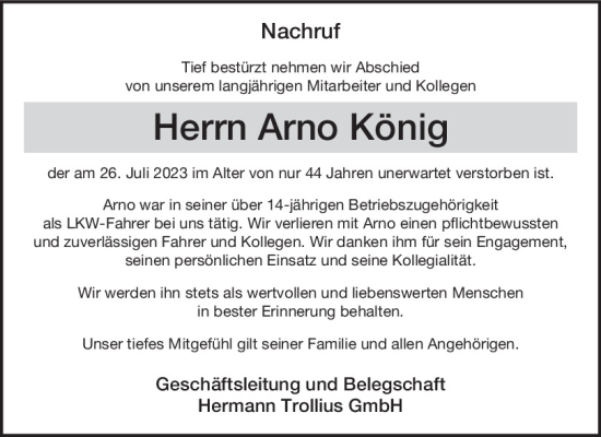 Traueranzeigen von Arno König Mittelbayerische Trauer