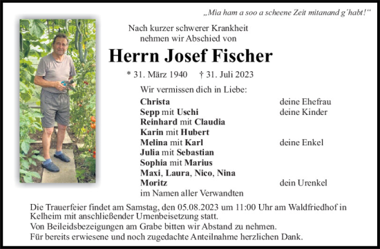 Traueranzeigen Von Josef Fischer Mittelbayerische Trauer