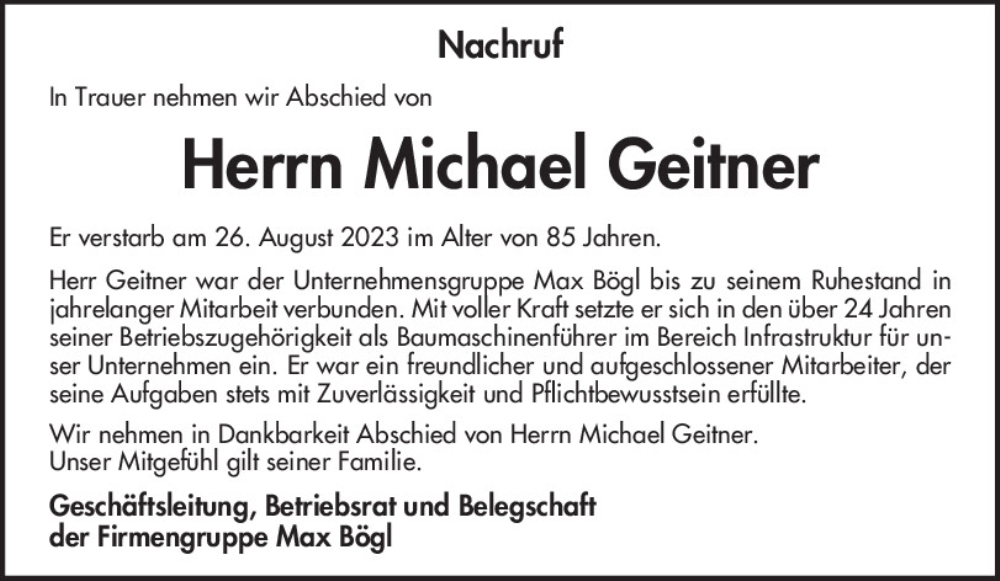 Traueranzeigen Von Michael Geitner Mittelbayerische Trauer