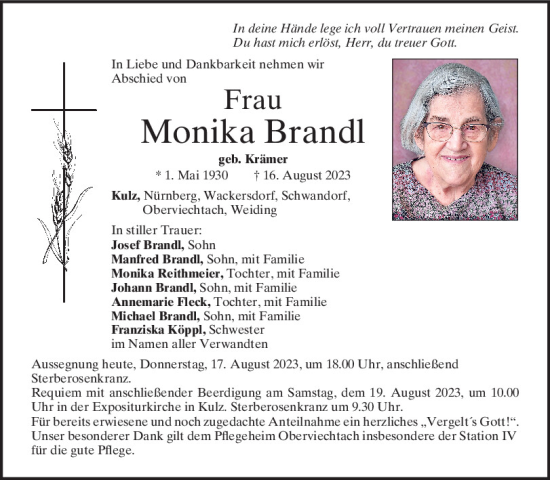 Traueranzeigen Von Monika Brandl Mittelbayerische Trauer