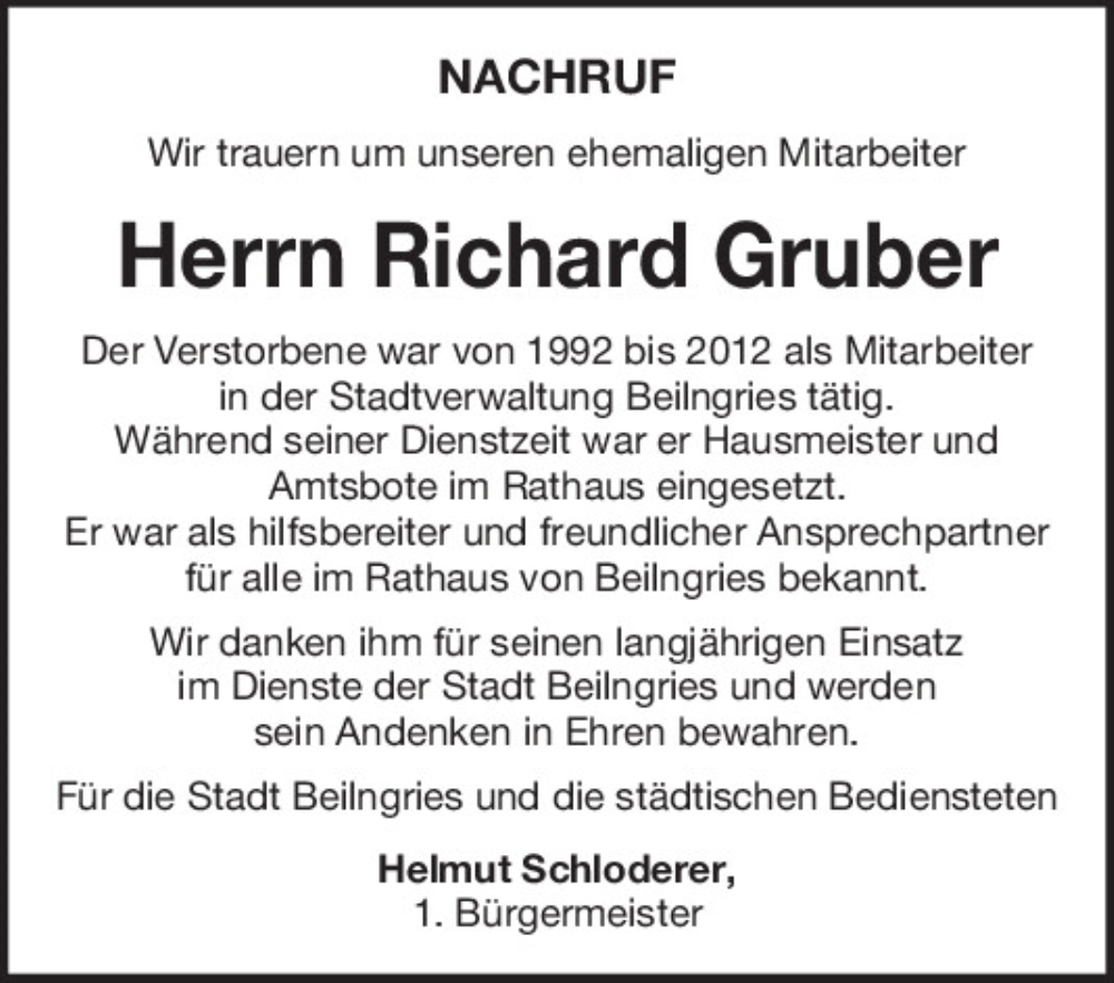 Traueranzeigen Von Richard Gruber Mittelbayerische Trauer