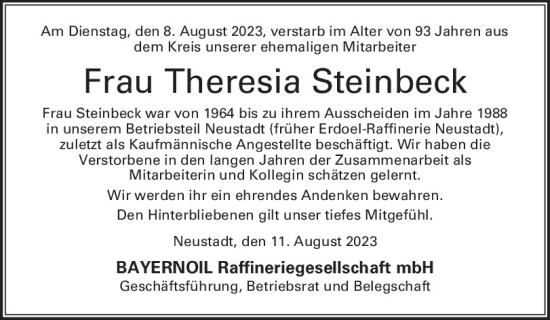 Traueranzeigen Von Theresia Steinbeck Mittelbayerische Trauer