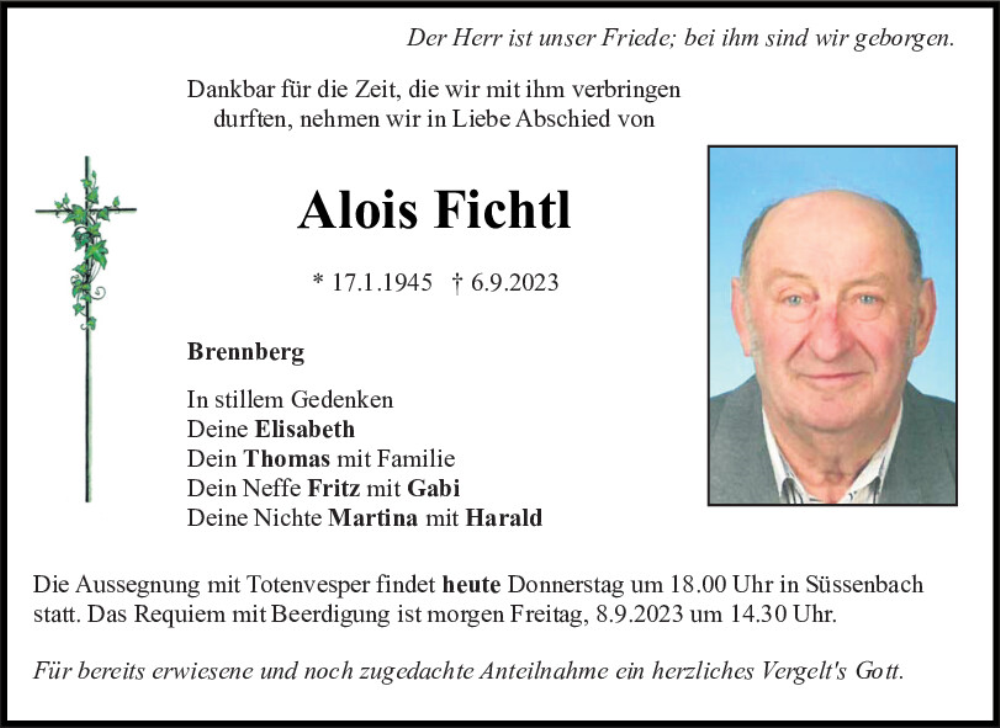 Traueranzeigen Von Alois Fichtl Mittelbayerische Trauer