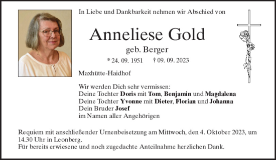 Traueranzeigen Von Anneliese Gold Mittelbayerische Trauer