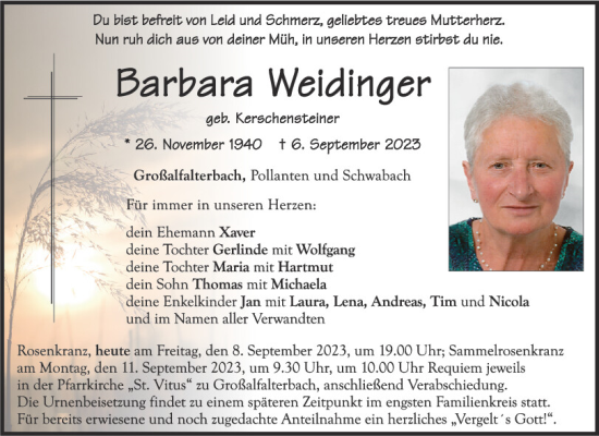 Traueranzeigen Von Barbara Weidinger Mittelbayerische Trauer