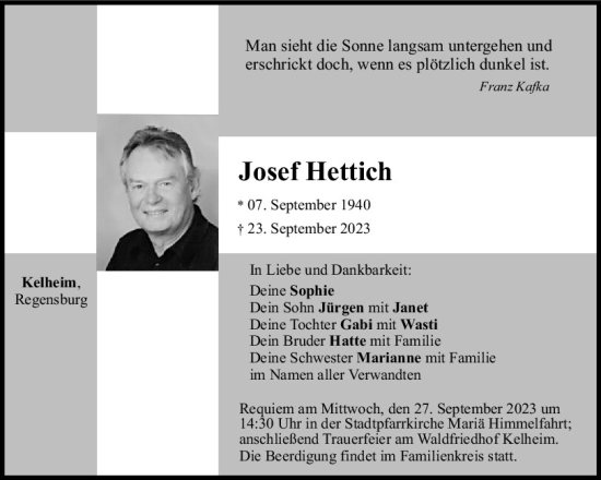 Traueranzeigen Von Josef Hettich Mittelbayerische Trauer