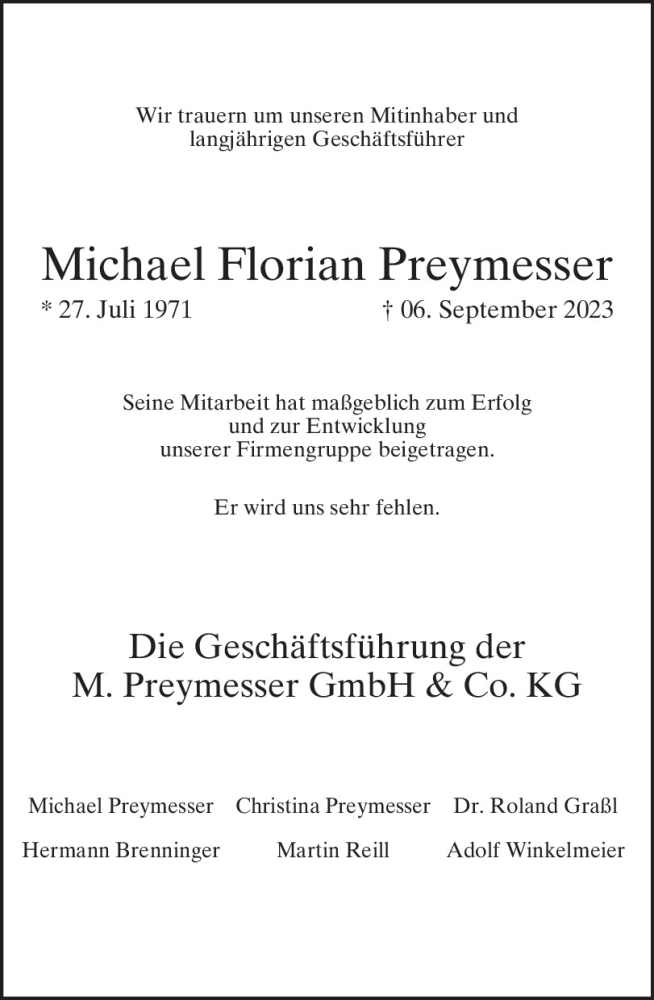 Traueranzeigen Von Michael Florian Preymesser Mittelbayerische Trauer