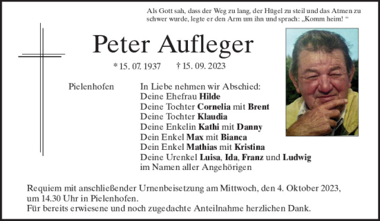 Traueranzeigen Von Peter Aufleger Mittelbayerische Trauer