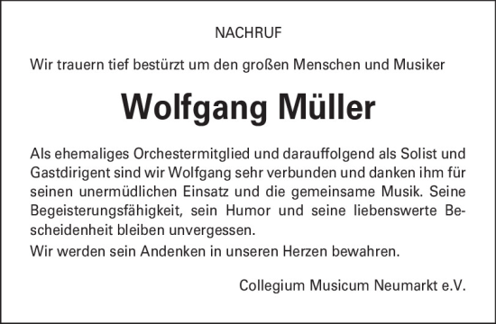 Traueranzeigen von Wolfgang Müller Mittelbayerische Trauer