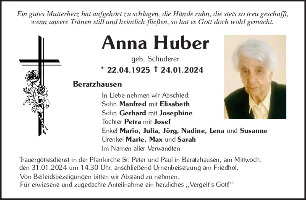 Traueranzeigen Von Anna Huber Mittelbayerische Trauer