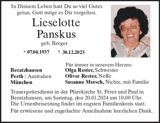 Traueranzeigen Von Lieselotte Panskus Mittelbayerische Trauer