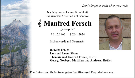 Traueranzeigen Von Manfred Fersch Mittelbayerische Trauer