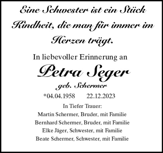 Traueranzeigen Von Petra Seger Mittelbayerische Trauer