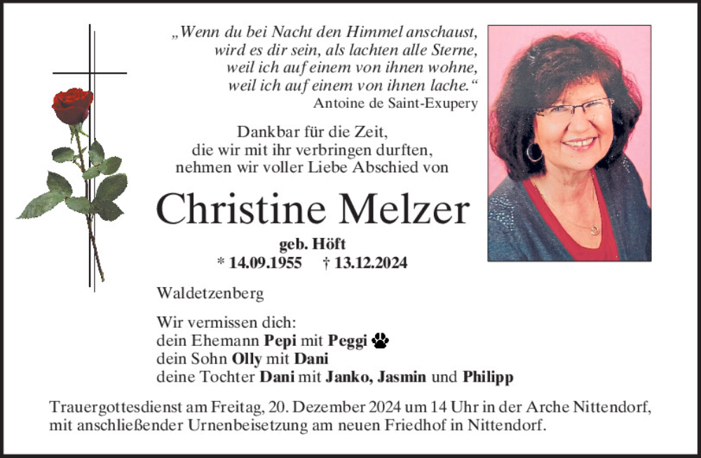 Traueranzeigen Von Christine Melzer Mittelbayerische Trauer