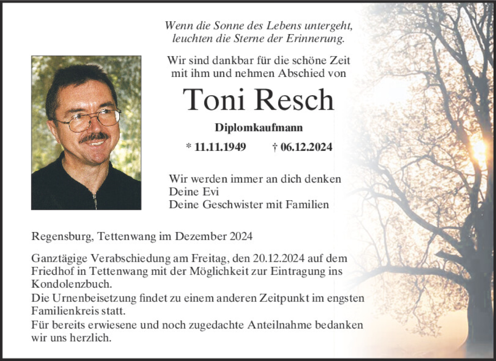 Traueranzeigen Von Toni Resch Mittelbayerische Trauer