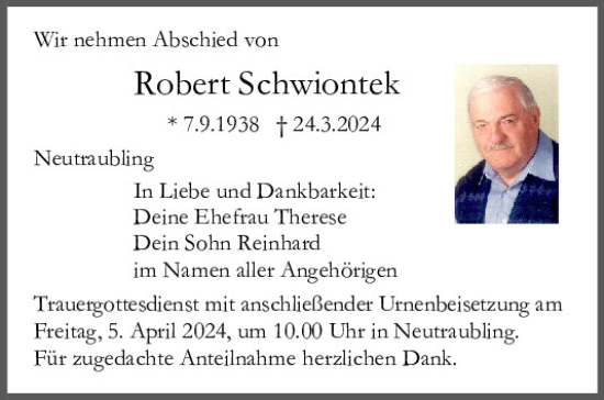 Traueranzeigen Von Robert Schwiontek Mittelbayerische Trauer