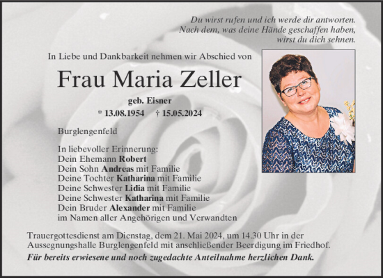 Traueranzeigen Von Maria Zeller Mittelbayerische Trauer