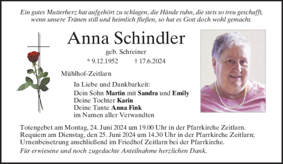 Traueranzeigen Von Anna Schindler Mittelbayerische Trauer