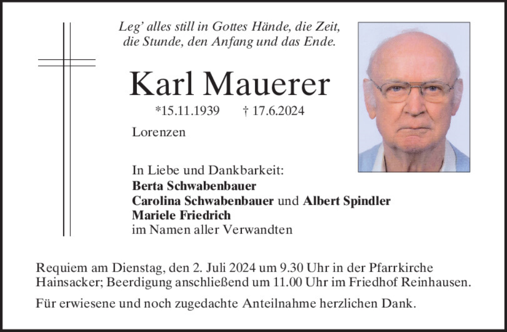 Traueranzeigen Von Karl Mauerer Mittelbayerische Trauer