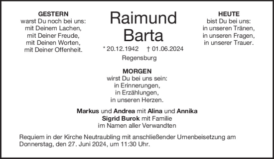 Traueranzeigen Von Raimund Barta Mittelbayerische Trauer