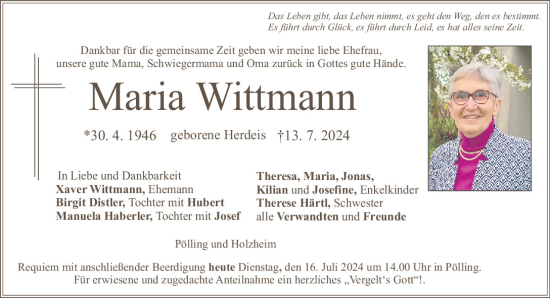 Traueranzeigen Von Maria Wittmann Mittelbayerische Trauer