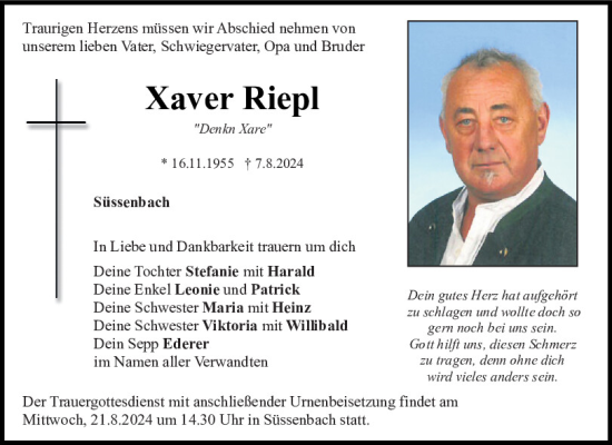 Traueranzeigen Von Xaver Riepl Mittelbayerische Trauer