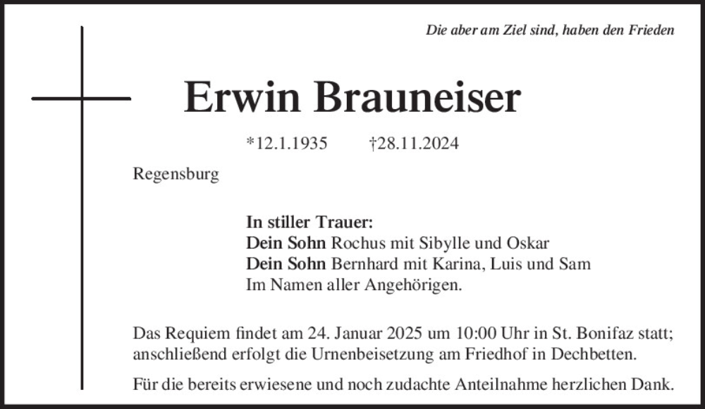 Traueranzeigen Von Erwin Brauneiser Mittelbayerische Trauer